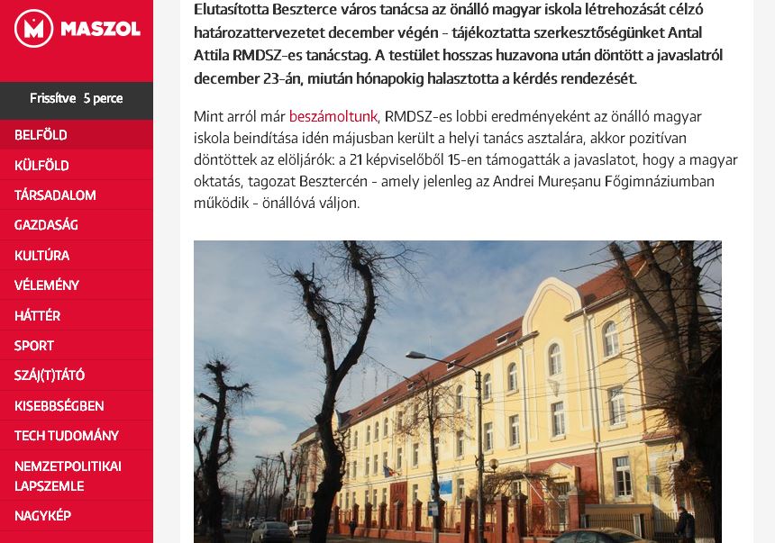 Elutasította a besztercei önkormányzat az önálló magyar iskola létrehozását