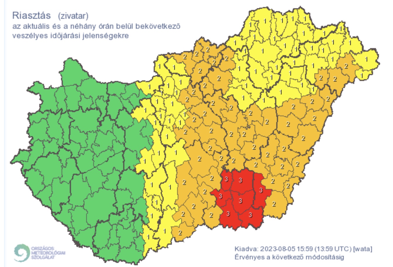 A legmagasabb, harmadfokú riasztásokat adtak ki a Dél-Alföld egy részére